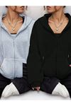 2'li Baskısız Fermuarlı Hırka Sweatshirt - Siyah Gri Oversize Kışlık Kalın Kapüşonlu