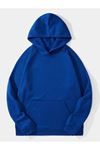 Desensiz Düz Sweatshirt - Sax Mavi Oversize Kışlık Kalın Kapüşonlu