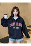 California Spruce Fermuarlı Hırka Sweatshirt - Siyah Baskılı Oversize Kışlık Kalın Kapüşonlu