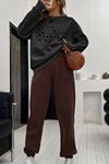 1898 Brooklyn Eşofman Takımı Sweatshirt Jogger - Siyah Kahve Baskılı Oversize Şardonlu Bisiklet Yaka
