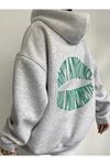 Dont Sweatshirt - Gri Baskılı Oversize Kışlık Kalın Kapüşonlu