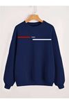 Paris Çizgi Sweatshirt - Lacivert Baskılı Oversize Kışlık Kalın Bisiklet Yaka