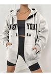 New York U.S.A Fermuarlı Hırka Sweatshirt - Gri Baskılı Oversize Kışlık Kalın Kapüşonlu