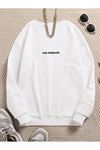 Los Angeles Minimal Yazı Sweatshirt - Beyaz Baskılı Oversize Kışlık Kalın Bisiklet Yala