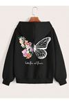 Çiçek Kelebek Fermuarlı Hırka Sweatshirt - Siyah Baskılı Oversize Kışlık Kalın Kapüşonlu