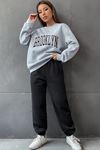 1898 Brooklyn Eşofman Takımı Sweatshirt Jogger - Gri Siyah Baskılı Oversize Şardonlu Bisiklet Yaka