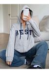 Best Fermuarlı Hırka Sweatshirt - Gri Baskılı Oversize Kışlık Kalın Kapüşonlu