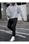 Kılıç Logo Eşofman Takımı Gri Sweatshirt Siyah Jogger - Baskılı Oversize Şardonlu Kapüşonlu