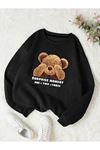 Suprise Moment Bear Sweatshirt - Siyah Baskılı Oversize Kışlık Kalın Bisiklet Yaka