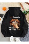 Dudak Coffe Sweatshirt - Siyah Baskılı Oversize Kışlık Kalın Kapüşonlu