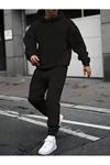 Basic Düz Eşofman Takımı Sweatshirt Jogger - Siyah Oversize Şardonlu Kapüşonlu