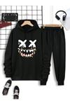 X X Yüz Eşofman Takımı Sweatshirt Jogger Siyah Baskılı Oversize Şardonlu Kapüşonlu