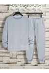 Basic Düz Eşofman Takımı Sweatshirt Jogger - Gri Oversize Şardonlu Bisiklet Yaka