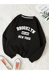 Brooklyn 1631 New York Sweatshirt - Siyah Baskılı Oversize Kışlık Kalın Bisiklet Yaka