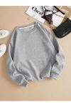 Basic Düz Sweatshirt - Gri Oversize Kışlık Kalın Bisiklet Yaka
