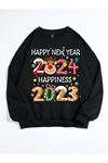 2024 New Year Sweatshirt - Siyah Baskılı Oversize Kışlık Kalın Bisiklet Yaka
