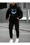 Renkli X - Yüz Eşofman Takımı Sweatshirt Jogger - Siyah Baskılı Oversize Şardonlu Kapüşonlu