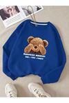 Suprise Moment Bear Sweatshirt - Sax Mavi Baskılı Oversize Kışlık Kalın Bisiklet Yaka
