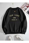 New York 1898 Brooklyn Sweatshirt - Siyah Baskılı Oversize Kışlık Kalın Bisiklet Yaka