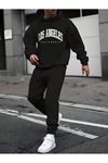 Los Angeles California Eşofman Takımı Sweatshirt Jogger - Siyah Baskılı Oversize Şardonlu Kapüşonlu