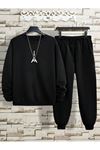 Paris Eiffel Eşofman Takımı Sweatshirt Jogger - Siyah Baskılı Oversize Şardonlu Bisiklet Yaka