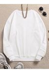 Basic Düz Sweatshirt - Beyaz Oversize Kışlık Kalın Bisiklet Yaka