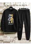 Robot Ayı Eşofman Takımı Sweatshirt Jogger - Siyah Baskılı Oversize Şardonlu Bisiklet Yaka