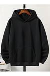 Düz Basic Sweatshirt - Siyah Oversize Kışlık Kalın Kapüşonlu