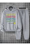 Positive Eşofman Takımı Sweatshirt Jogger - Gri Baskılı Oversize Şardonlu Kapüşonlu