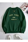 New York 1898 Brooklyn Sweatshirt - Nefti Yeşil Baskılı Oversize Kışlık Kalın Bisiklet Yaka