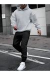 Basic Düz Eşofman Takımı Gri Sweatshirt Siyah Jogger - Oversize Şardonlu Kapüşonlu
