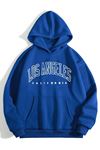 Los Angeles California Sweatshirt - Sax Mavi Baskılı Oversize Kışlık Kalın Kapüşonlu