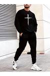 Büyük Kılıç Eşofman Takımı Sweatshirt Jogger - Siyah Baskılı Oversize Şardonlu Bisiklet Yaka