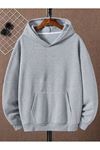 Düz Basic Sweatshirt - Gri Oversize Kışlık Kalın Kapüşonlu