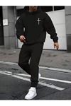 Kılıç Logo Eşofman Takımı Sweatshirt Jogger - Siyah Baskılı Oversize Şardonlu Kapüşonlu