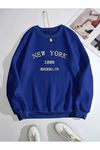 New York 1898 Brooklyn Sweatshirt - Sax Mavi Baskılı Oversize Kışlık Kalın Bisiklet Yaka
