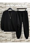Basic Düz Eşofman Takımı Sweatshirt Jogger - Siyah Oversize Şardonlu Bisiklet Yaka