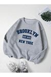 Brooklyn 1631 New York Sweatshirt - Gri Baskılı Oversize Kışlık Kalın Bisiklet Yaka
