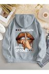 Dudak Coffe Sweatshirt - Gri Baskılı Oversize Kışlık Kalın Kapüşonlu