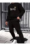 Unisex King Eşofman Takımı Sweatshirt Jogger - Siyah Baskılı Oversize Şardonlu Bisiklet Yaka
