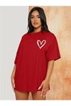 Minimal Kalp T-shirt - Kırmızı Baskılı Oversize Bisiklet Yaka Kısa Kol Tişört