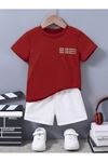 Ideal Baskılı Pamuklu Çocuk Takım Kırmızı T-shirt Beyaz Şort - Kız Erkek Çocuk Yazlık Bisiklet Yaka