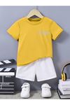 Ideal Baskılı Pamuklu Çocuk Takım Sarı T-shirt Beyaz Şort - Kız Erkek Çocuk Yazlık Bisiklet Yaka