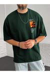 Beach Logo T-Shirt - Nefti Yeşil Baskılı Oversize Bisiklet Yaka Kısa Kol
