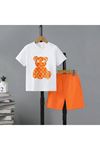 Ayıcık Pamuk Çocuk Takım Beyaz T-shirt Turuncu Şort - Baskı Kız Erkek Çocuk Yazlık Bisiklet Yaka