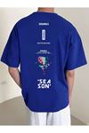 Erkek Sax Mavi Oversize Sea Son Baskılı Örme T-shirt