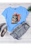Oversize Bebe Mavi Sevimli Minik Kedi Baskılı T-shirt Unisex Rahat Kalıp