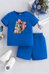 Minik Kedi Çocuk Takım T-Shirt Şort - Saks Mavi Baskı Kız Çocuk Yazlık Bisiklet Yaka