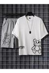 Bear Baskılı Gri Şort Beyaz T-shirt Takım