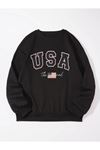 Unisex Oversize Siyah The Usa Baskılı Bisiklet Yaka Sweatshirt